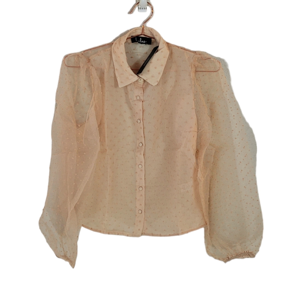 LULU'S Beige Long Sleeve Swiss Dot Sheer Button Front Shirt Size S